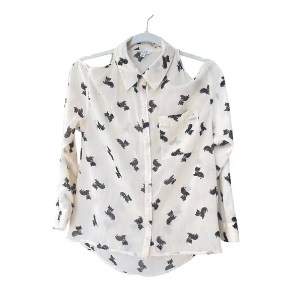 I love H81 Kitten Print blouse Women's Size S/P cream & black cat button down - Picture 1 of 10